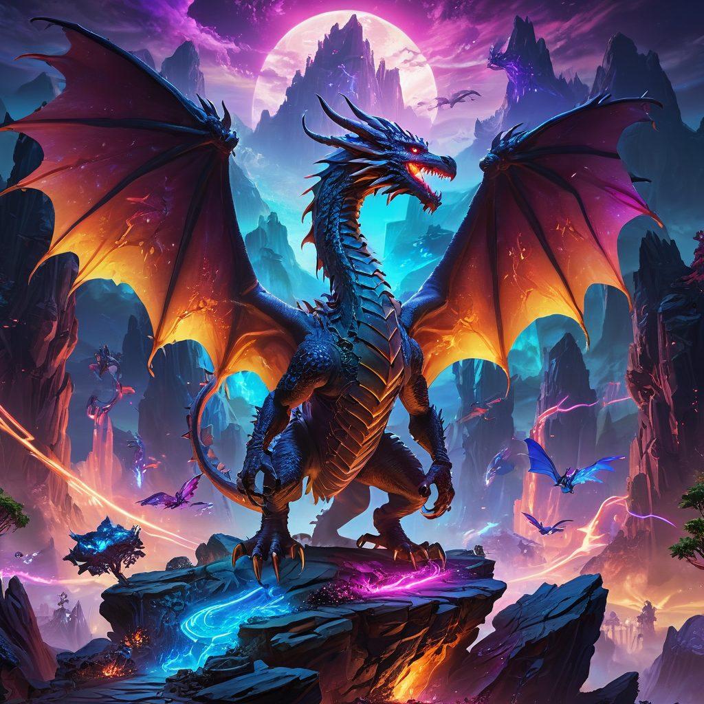 A fierce, majestic dragon soaring over a vibrant digital landscape filled with eSports arenas and MMORPG realms. The dragon's scales shimmer in neon colors, reflecting the excitement of competitive gaming. Include iconic gaming elements like controllers and virtual reality headsets in the foreground. Capture a sense of adventure and strategy with glowing quest markers around the landscape. digital art. vibrant colors. fantasy style.