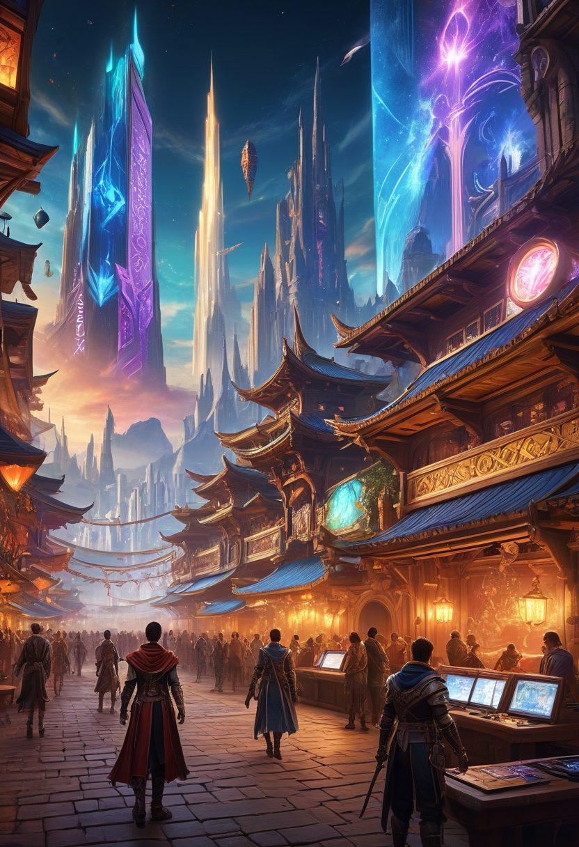 A dynamic gaming arena filled with diverse players immersed in MMORPGs, showcasing characters in elaborate fantasy outfits battling in an epic landscape. Include elements like glowing spells, competitive emblems, and a large digital scoreboard displaying stats. The background depicts a vibrant city with futuristic buildings and fans cheering. Capture the energy and excitement of gaming culture. super-realistic. vibrant colors. digital art.